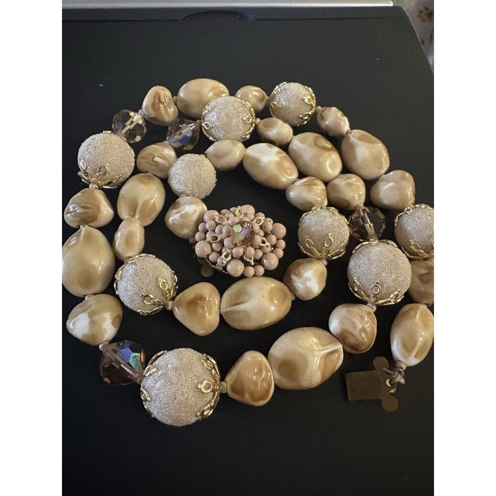 Vintage Japanese Necklace Natural Stones Sugared Pearls Framed W/ Gold Details - Picture 2 of 6